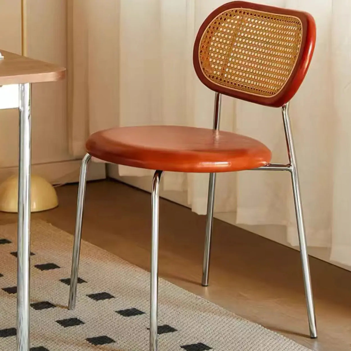 Oval Rattan Back Round Leather Stackable Dining Chair Image - 7