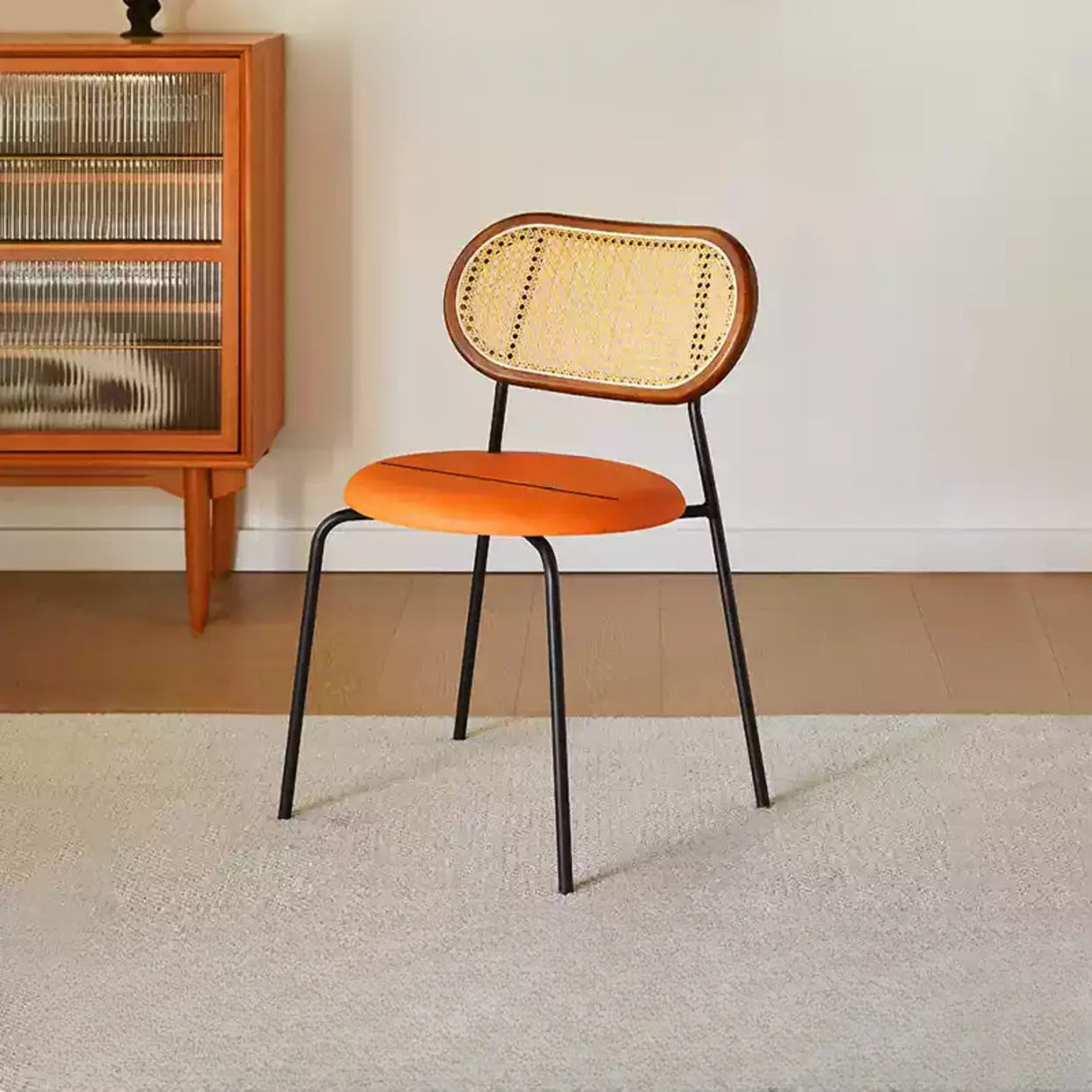 Oval Rattan Back Round Leather Stackable Dining Chair Image - 8