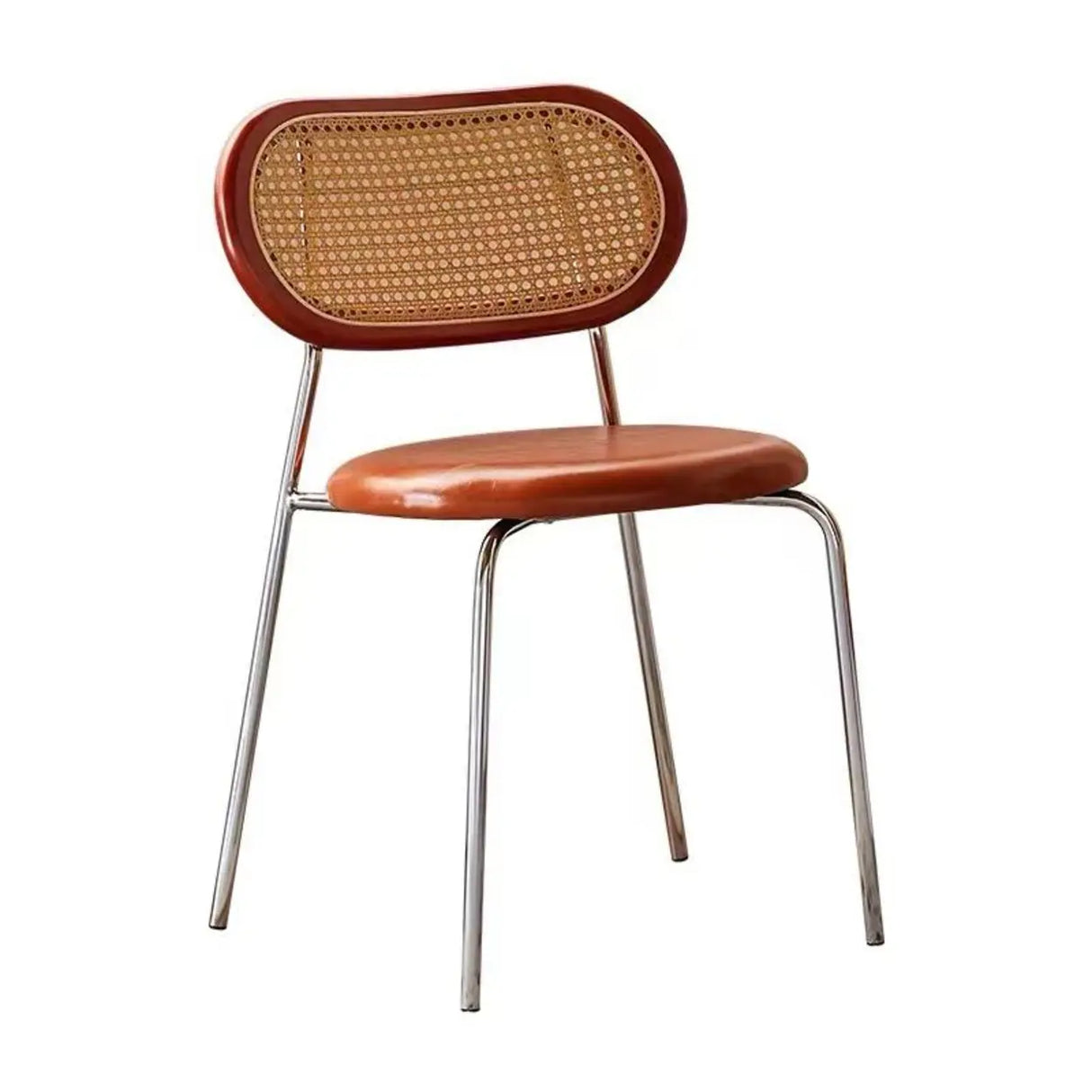 Oval Rattan Back Round Leather Stackable Dining Chair Image - 9