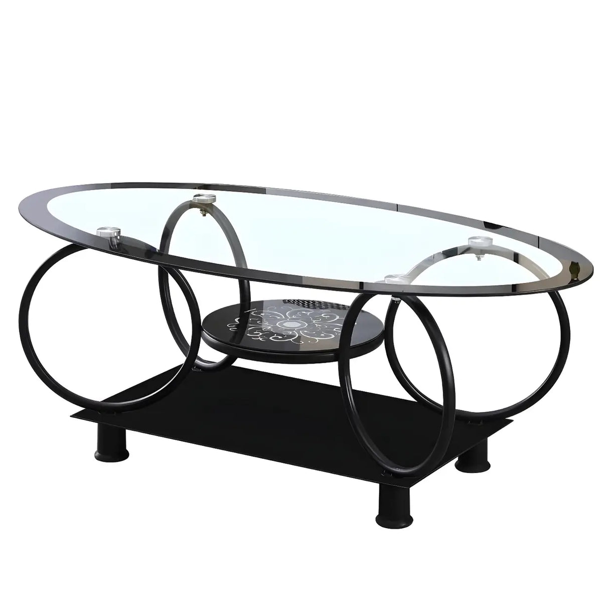 Oval Round Clear Glass Coffee Table with Storage Shelf Image - 10