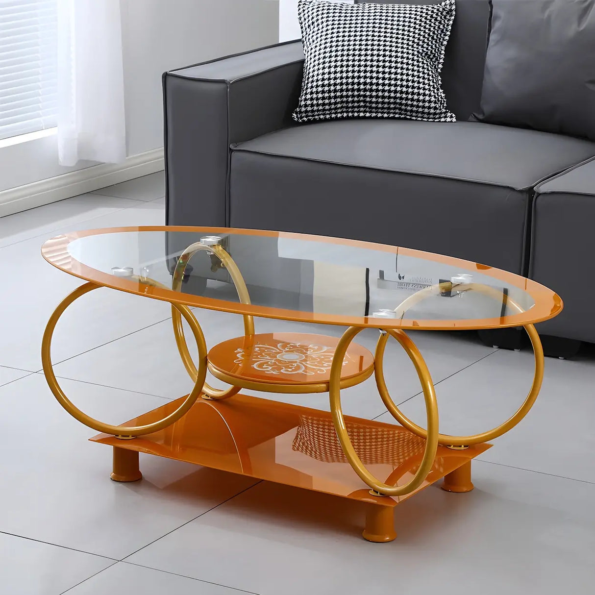 Oval Round Clear Glass Coffee Table with Storage Shelf Image - 11