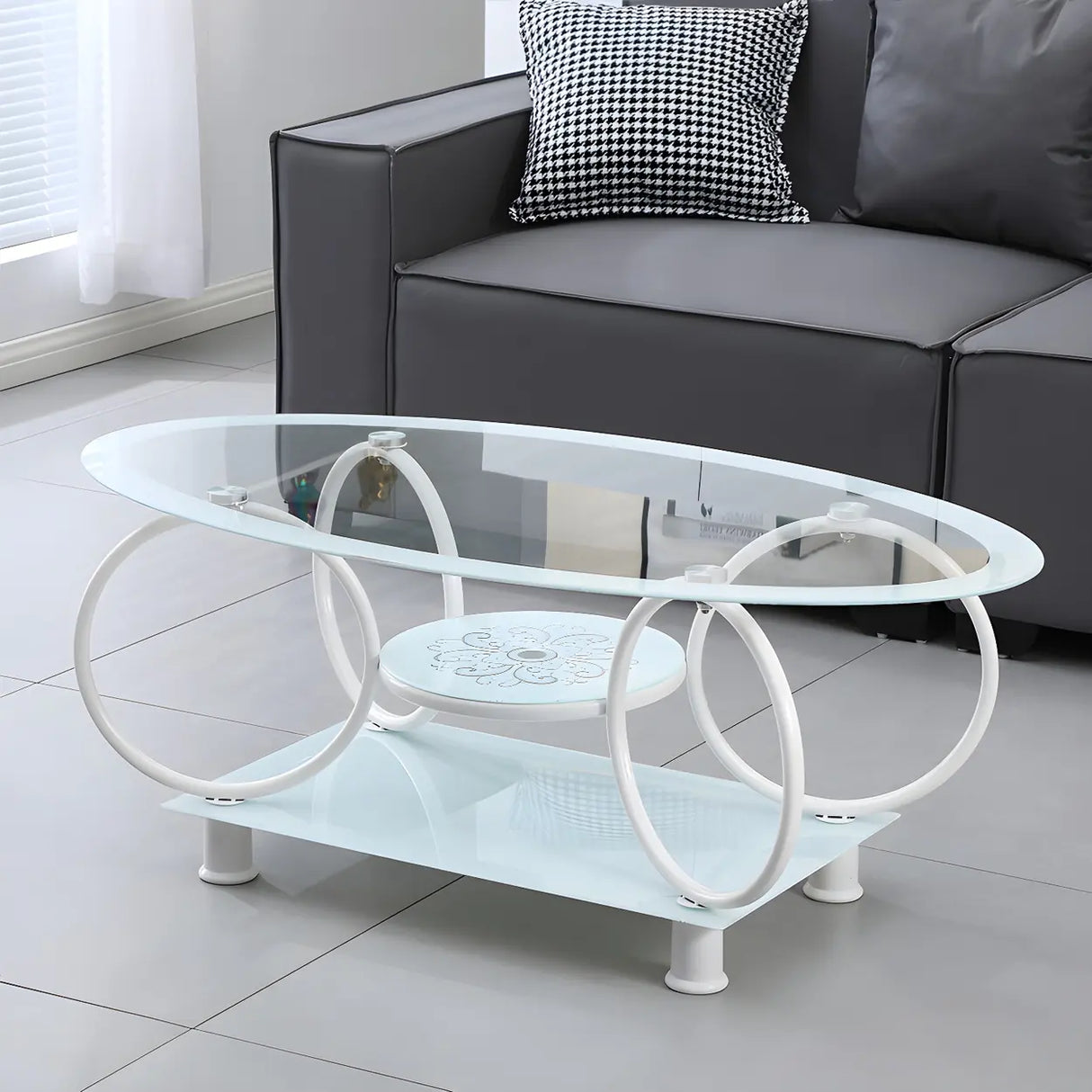 Oval Round Clear Glass Coffee Table with Storage Shelf Image - 13