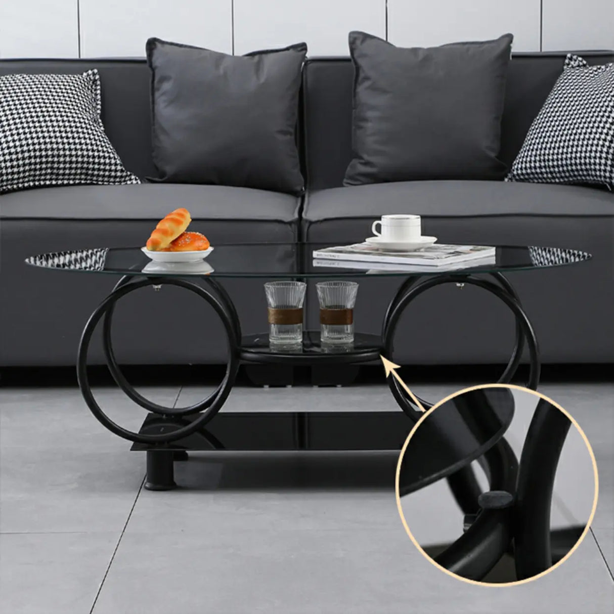 Oval Round Clear Glass Coffee Table with Storage Shelf Image - 14