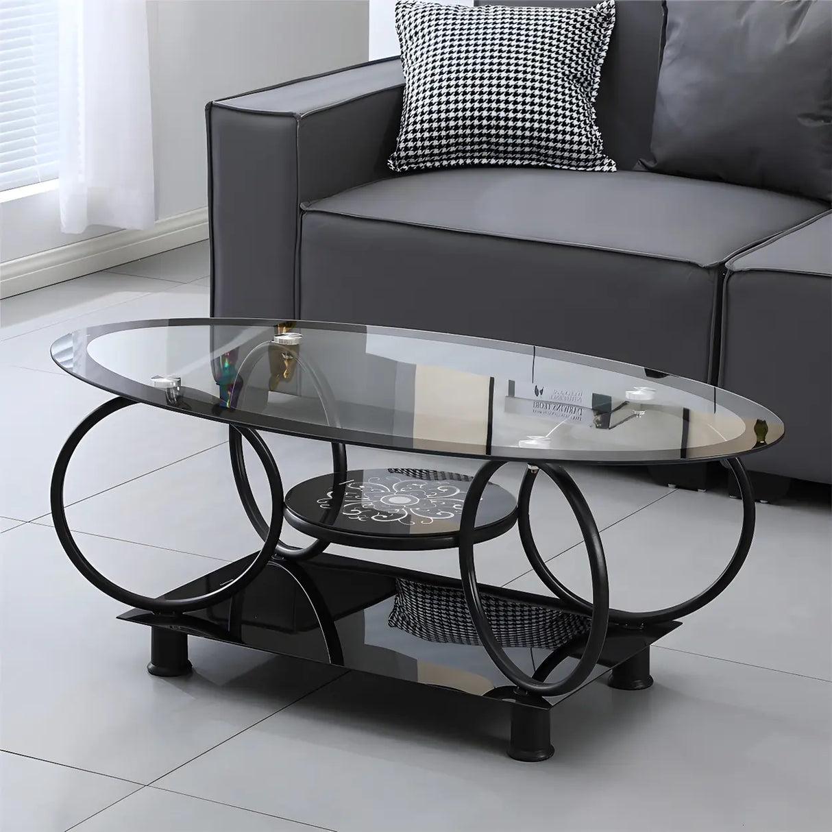 Oval Round Clear Glass Coffee Table with Storage Shelf Image - 15