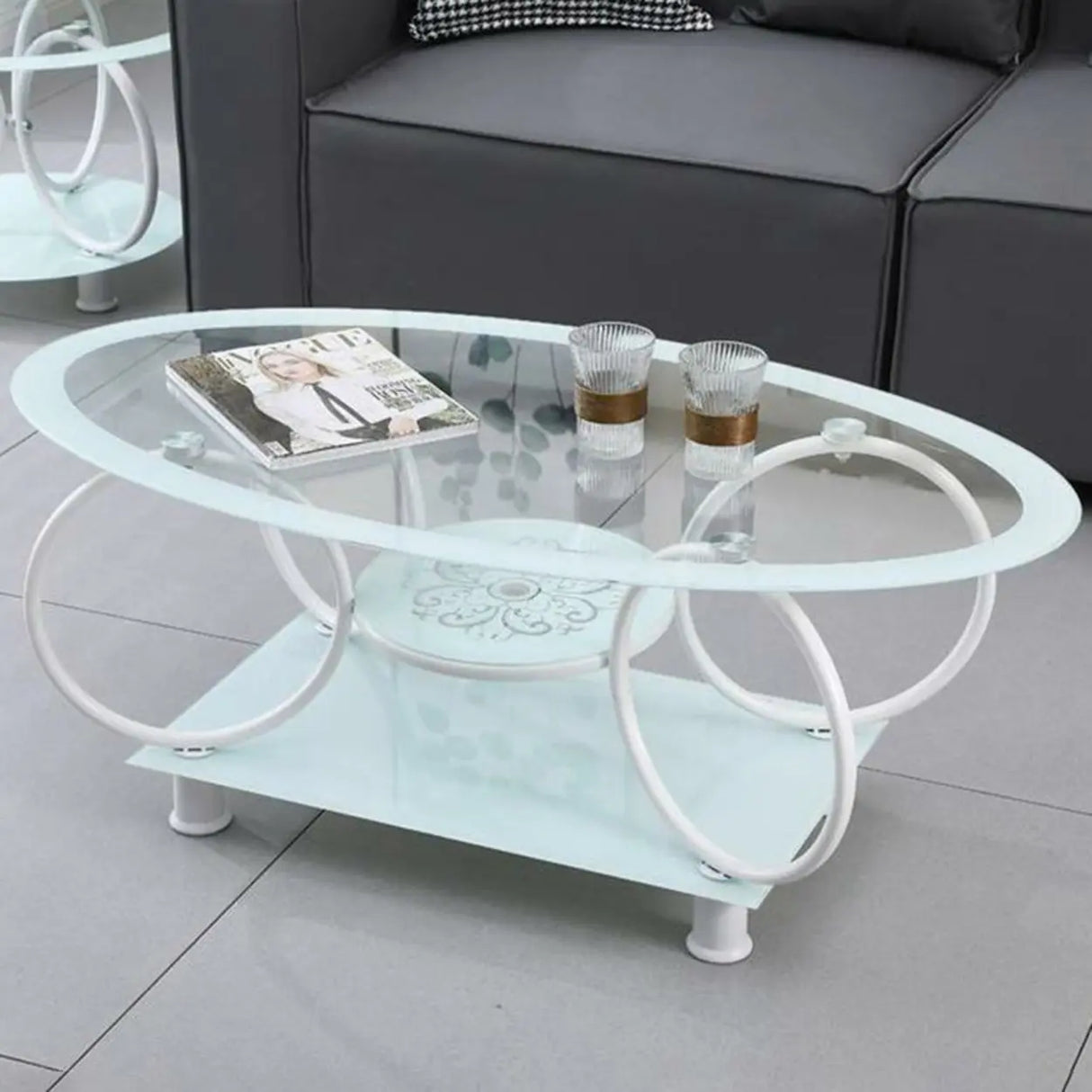 Oval Round Clear Glass Coffee Table with Storage Shelf Image - 1