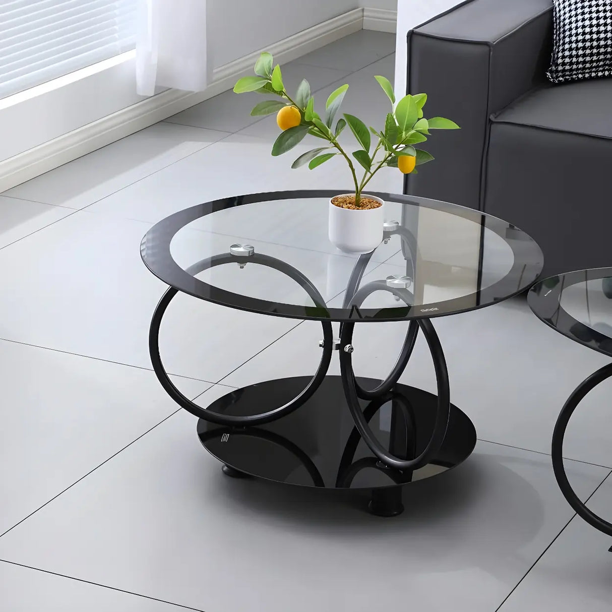 Oval Round Clear Glass Coffee Table with Storage Shelf Image - 20