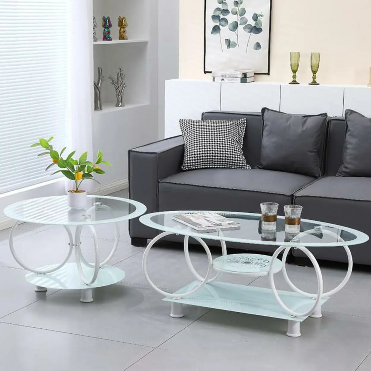 Oval Round Clear Glass Coffee Table with Storage Shelf Image - 21