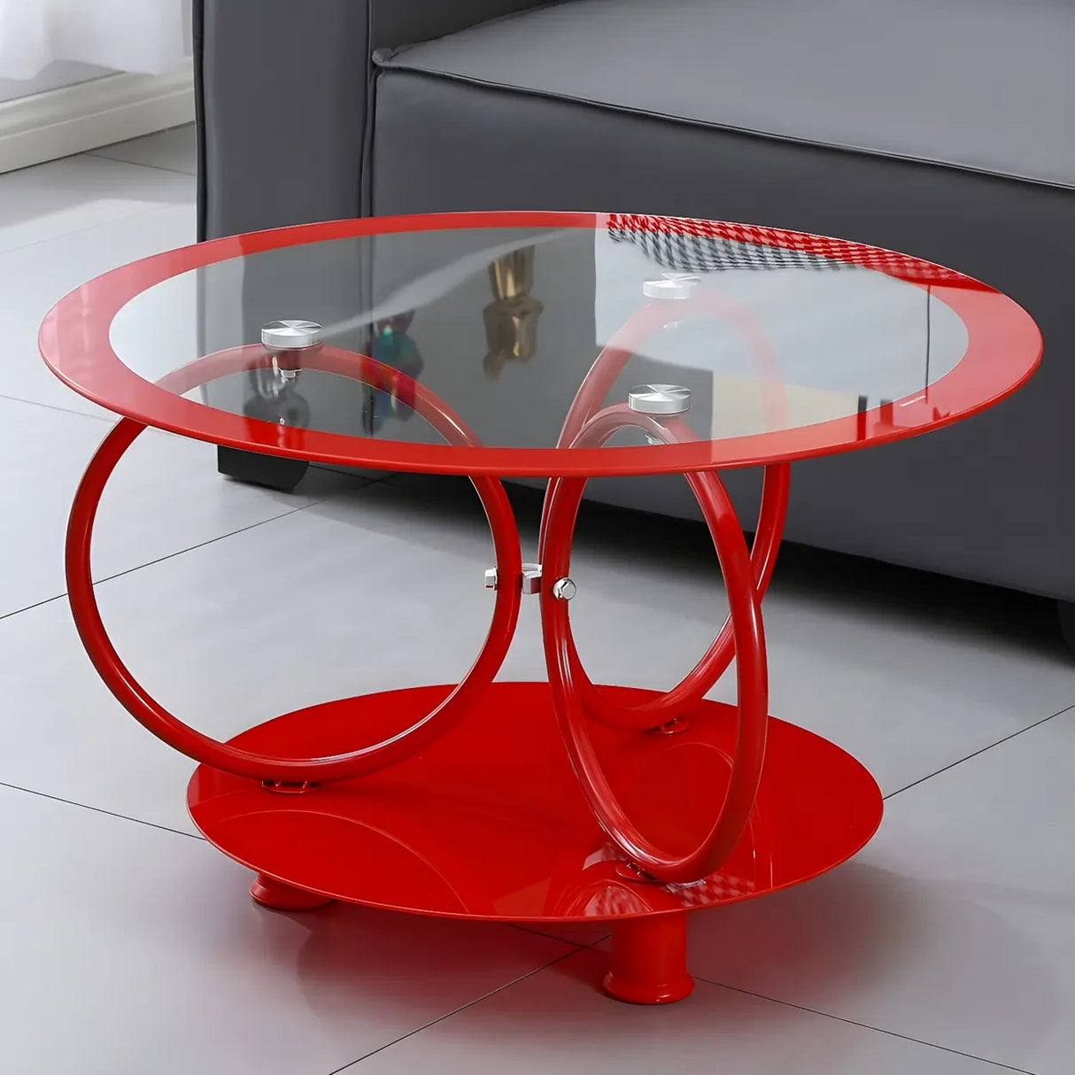 Oval Round Clear Glass Coffee Table with Storage Shelf Image - 2