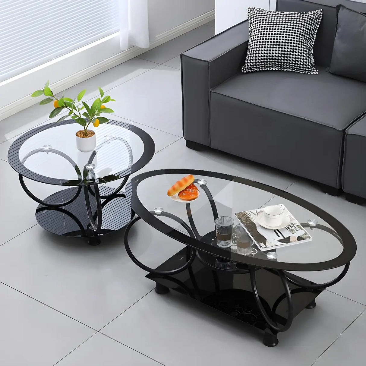 Oval Round Clear Glass Coffee Table with Storage Shelf Image - 3