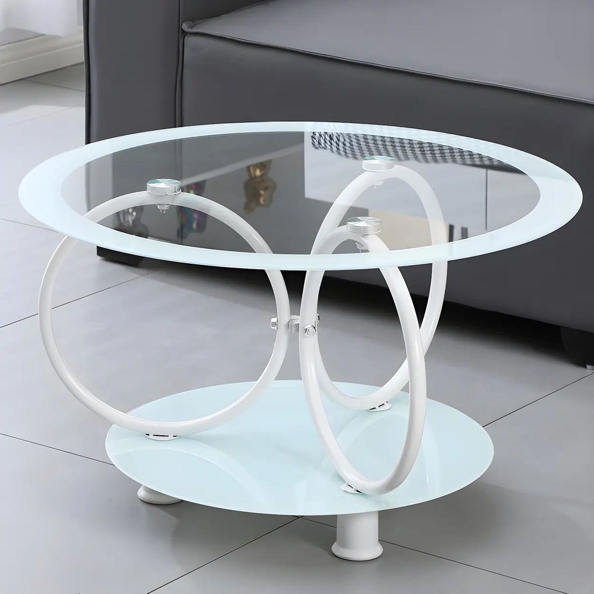 Oval Round Clear Glass Coffee Table with Storage Shelf Image - 6