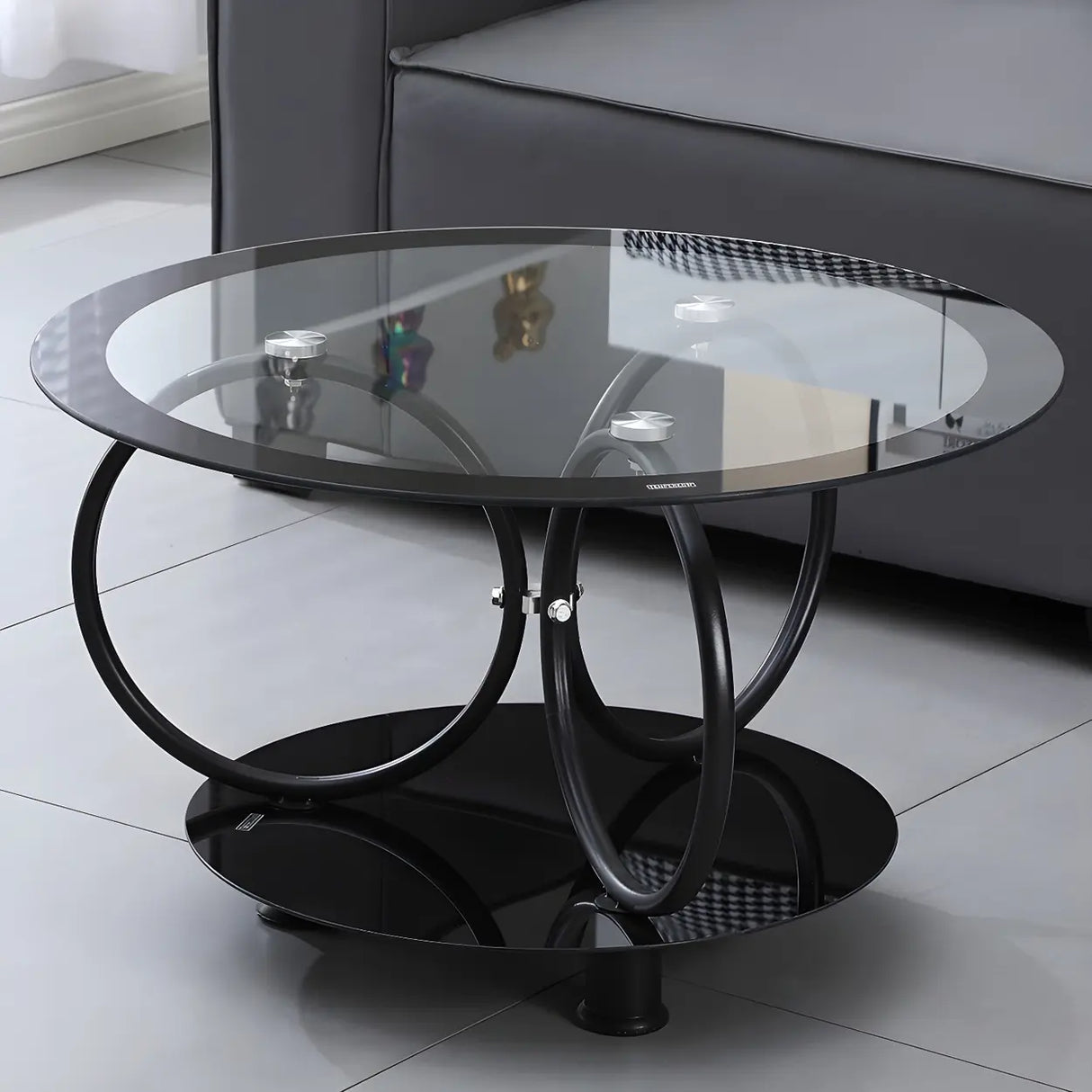 Oval Round Clear Glass Coffee Table with Storage Shelf Image - 7