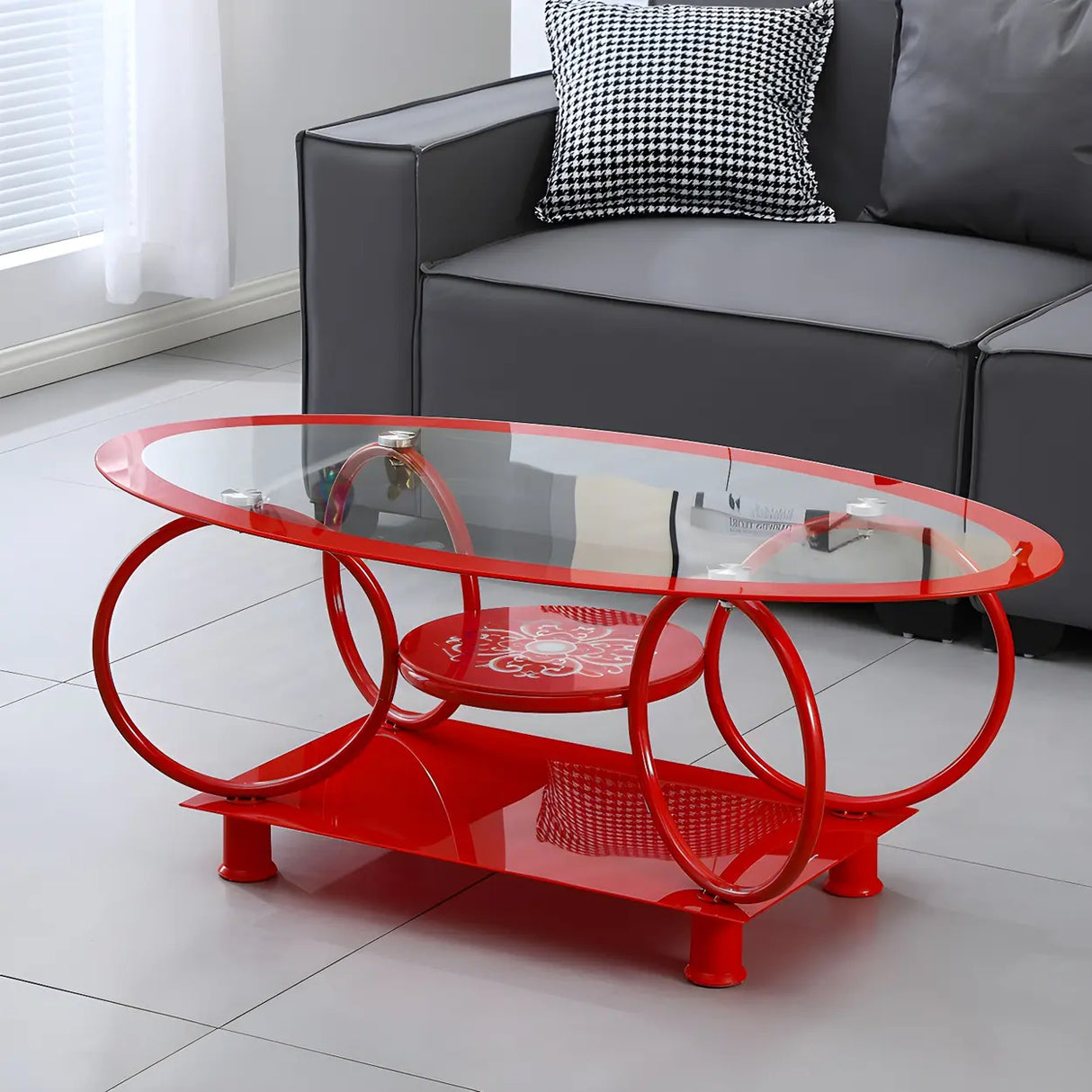 Oval Round Clear Glass Coffee Table with Storage Shelf Image - 9