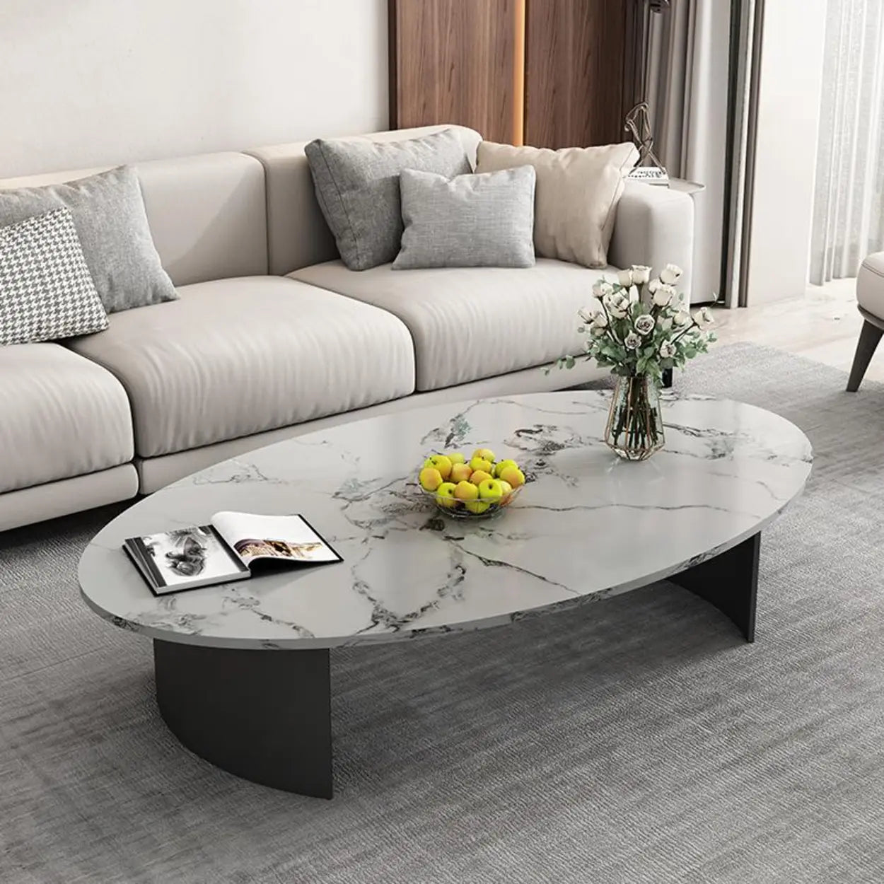 Oval Scratch Resistant Stone Top Iron Base Coffee Table Image - 1