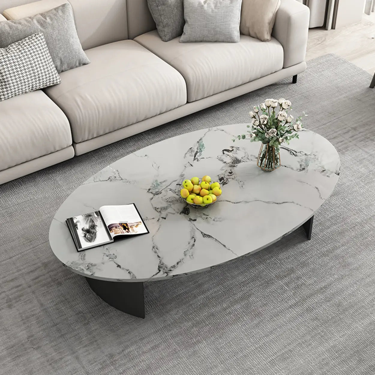 Oval Scratch Resistant Stone Top Iron Base Coffee Table Image - 2