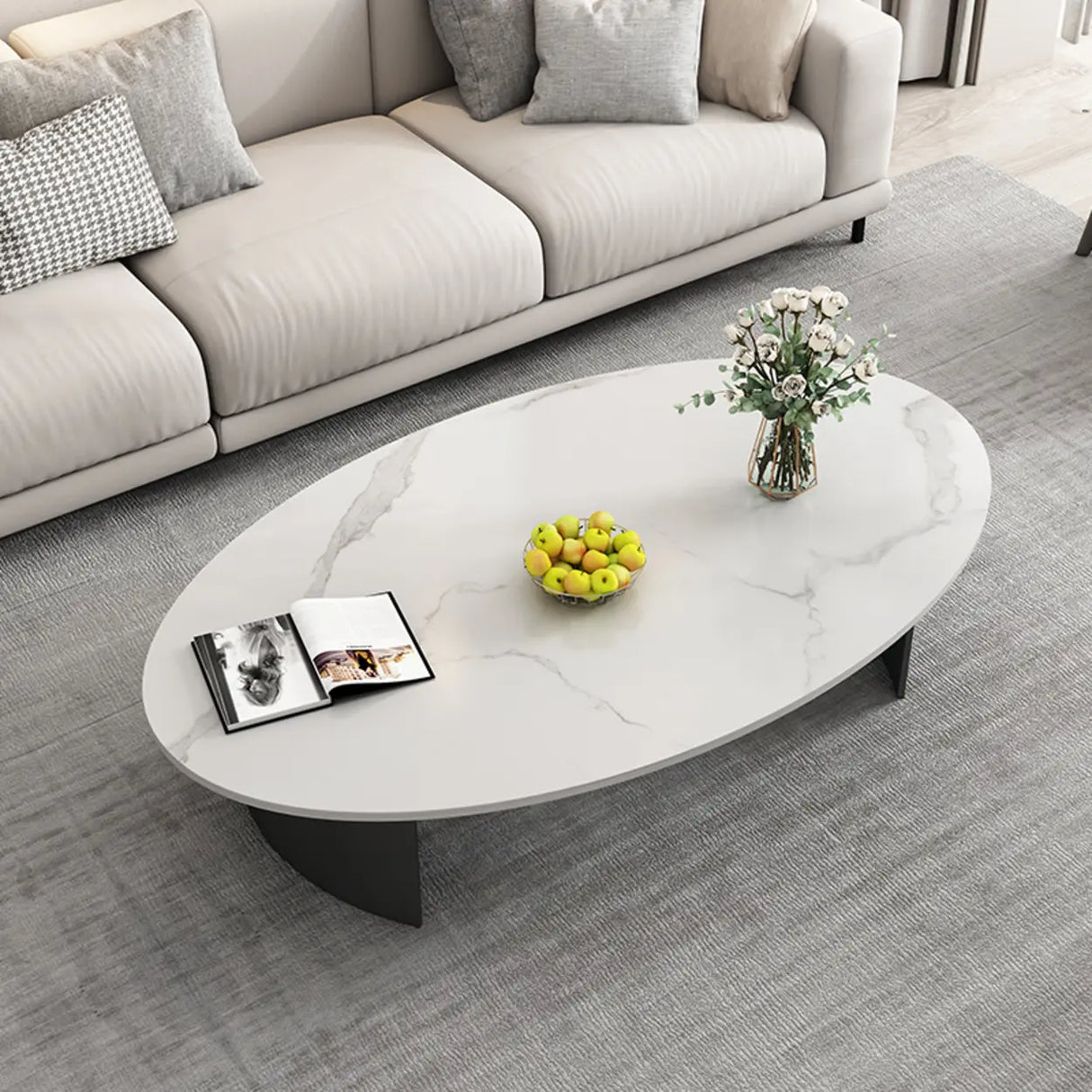 Oval Scratch Resistant Stone Top Iron Base Coffee Table Image - 3