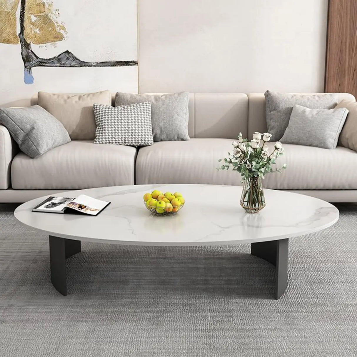 Oval Scratch Resistant Stone Top Iron Base Coffee Table Image - 4