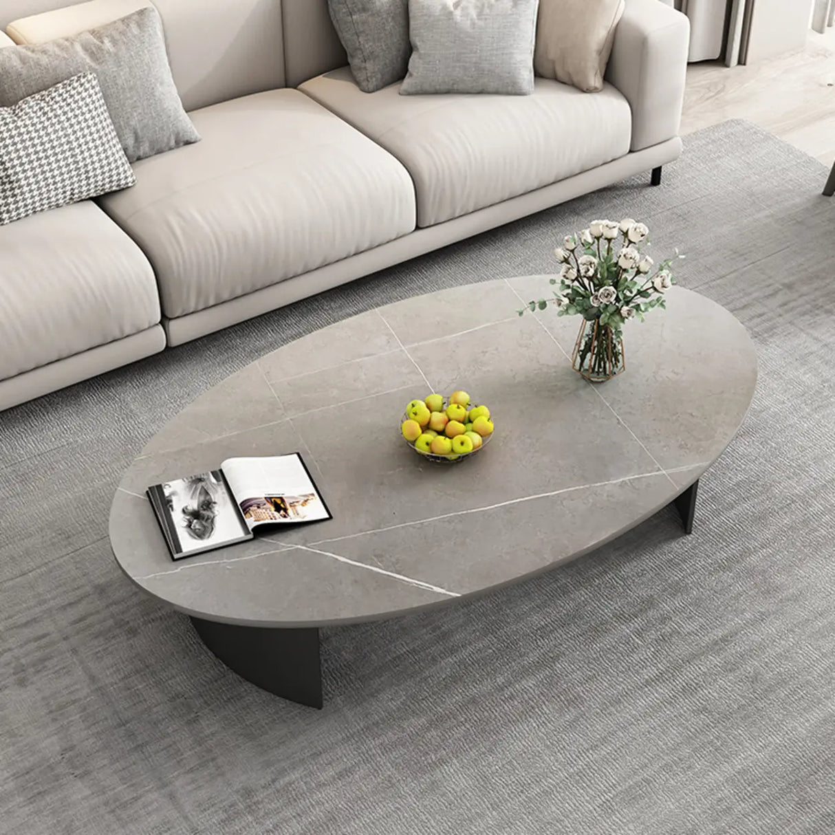 Oval Scratch Resistant Stone Top Iron Base Coffee Table Image - 5