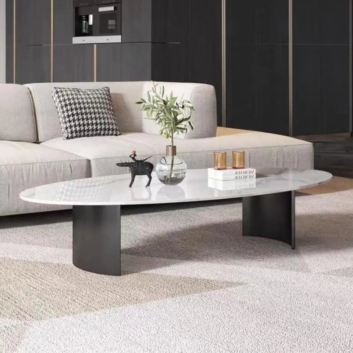 Oval Scratch Resistant Stone Top Iron Base Coffee Table Image - 6