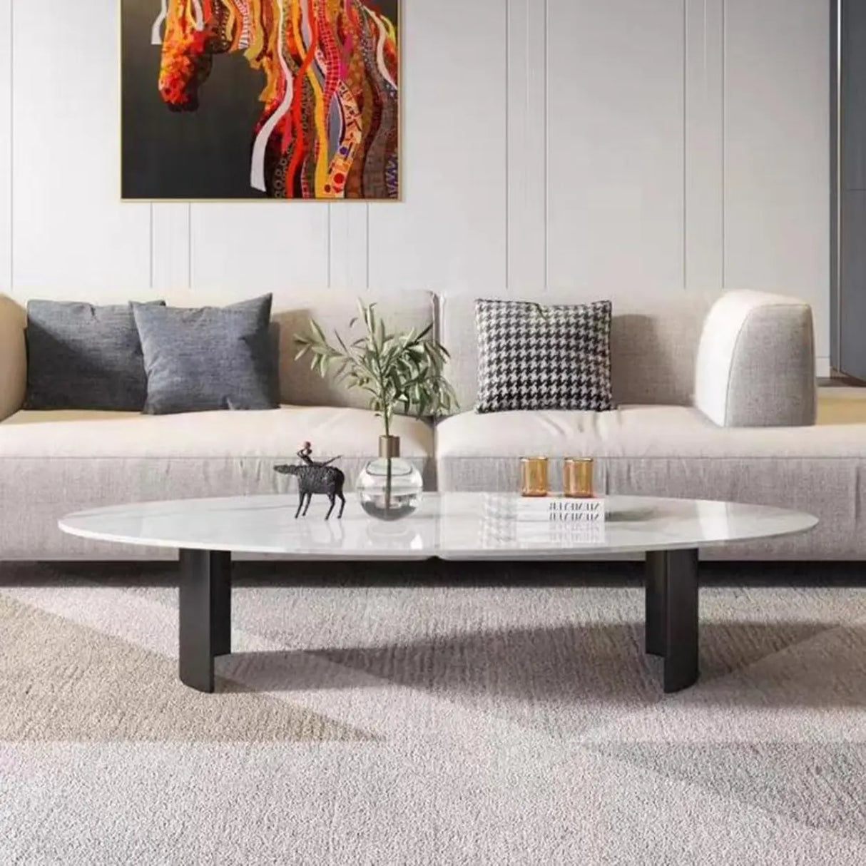 Oval Scratch Resistant Stone Top Iron Base Coffee Table Image - 7