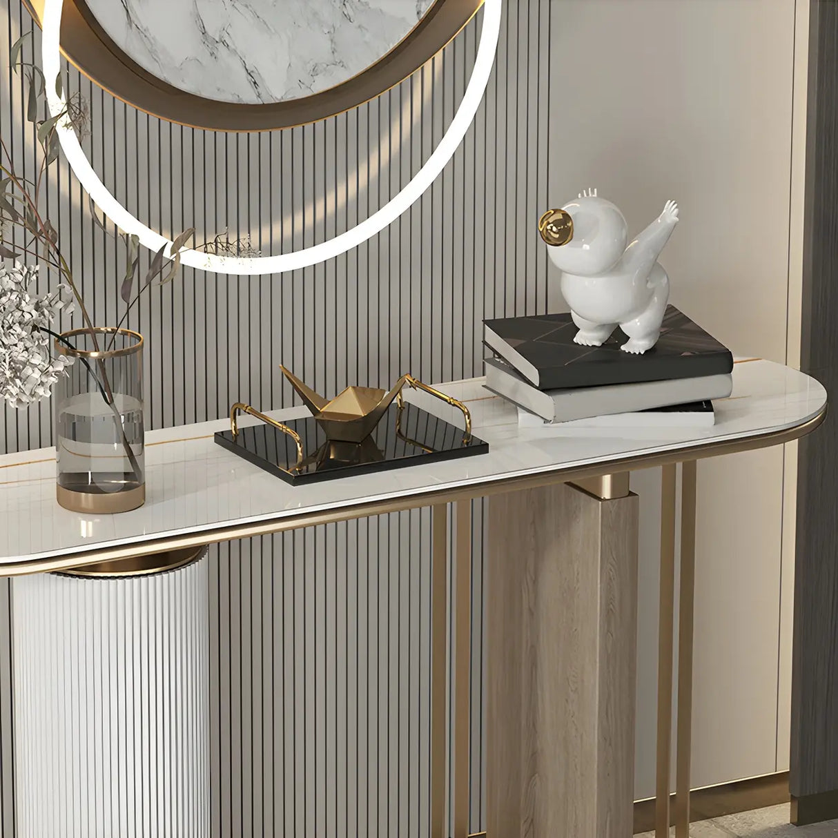 Oval Stone Gold Double Pedestal Tall Console Table Image - 11