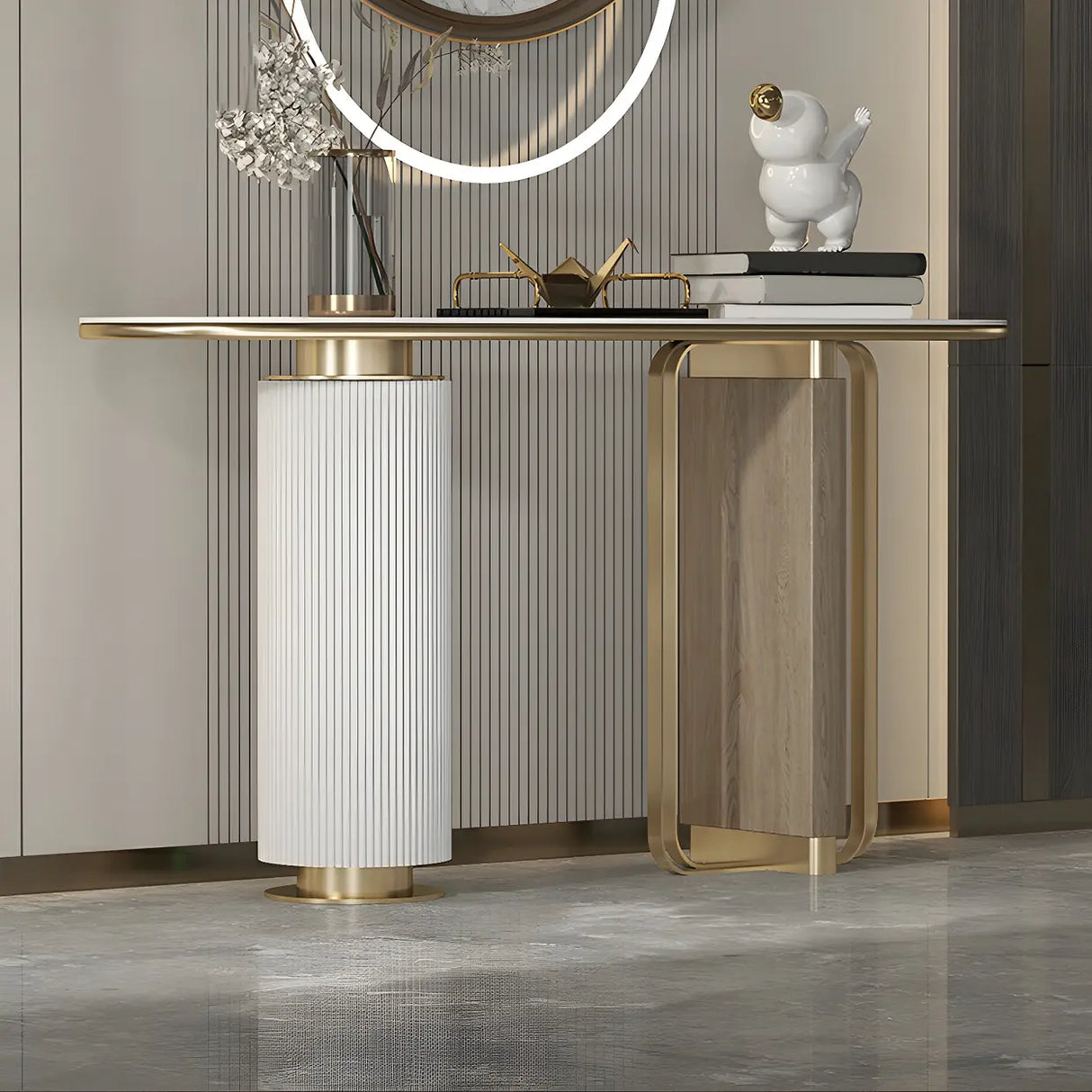 Oval Stone Gold Double Pedestal Tall Console Table Image - 12