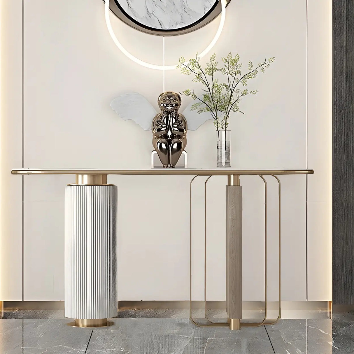 Oval Stone Gold Double Pedestal Tall Console Table Image - 1