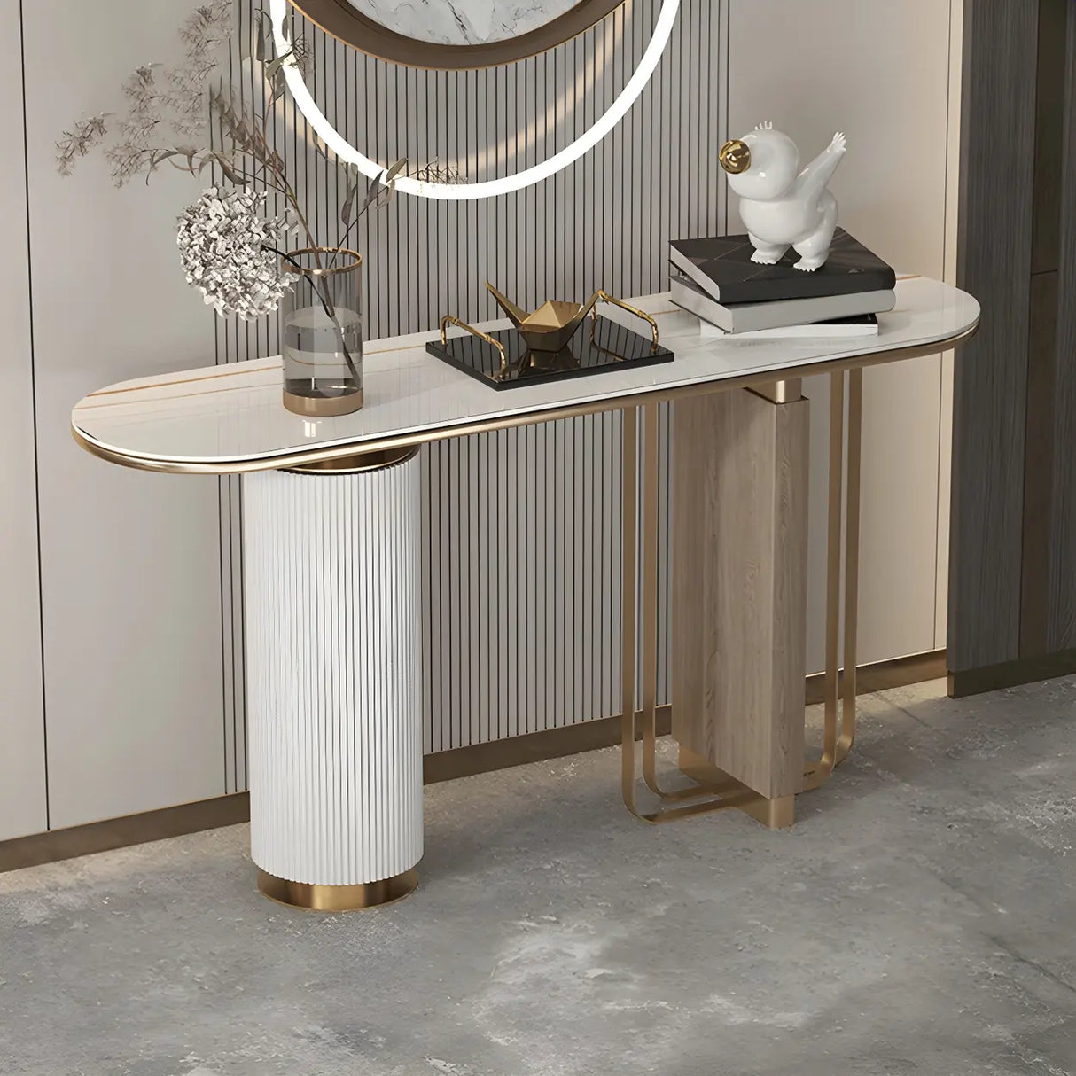 Oval Stone Gold Double Pedestal Tall Console Table Image - 5