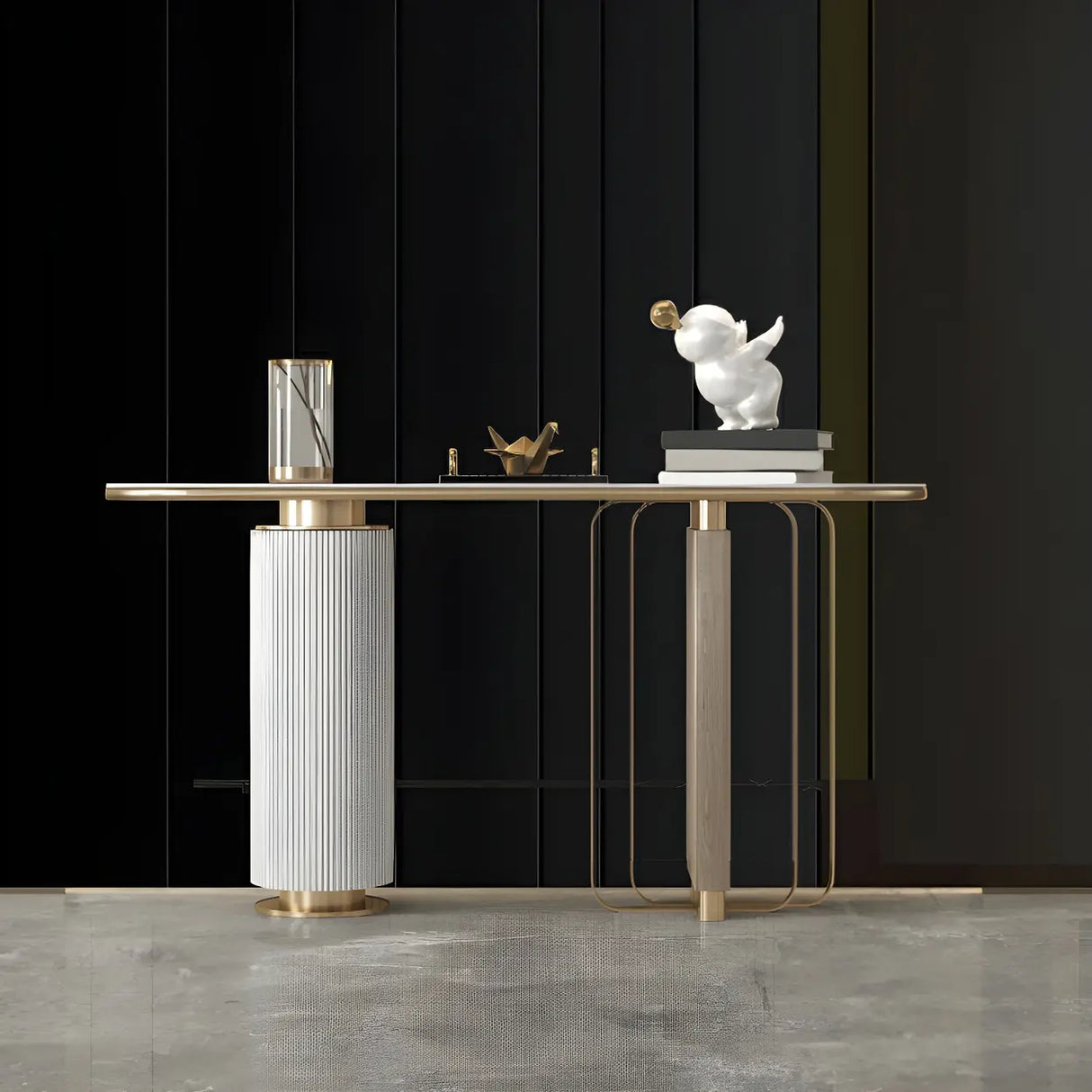 Oval Stone Gold Double Pedestal Tall Console Table Image - 6