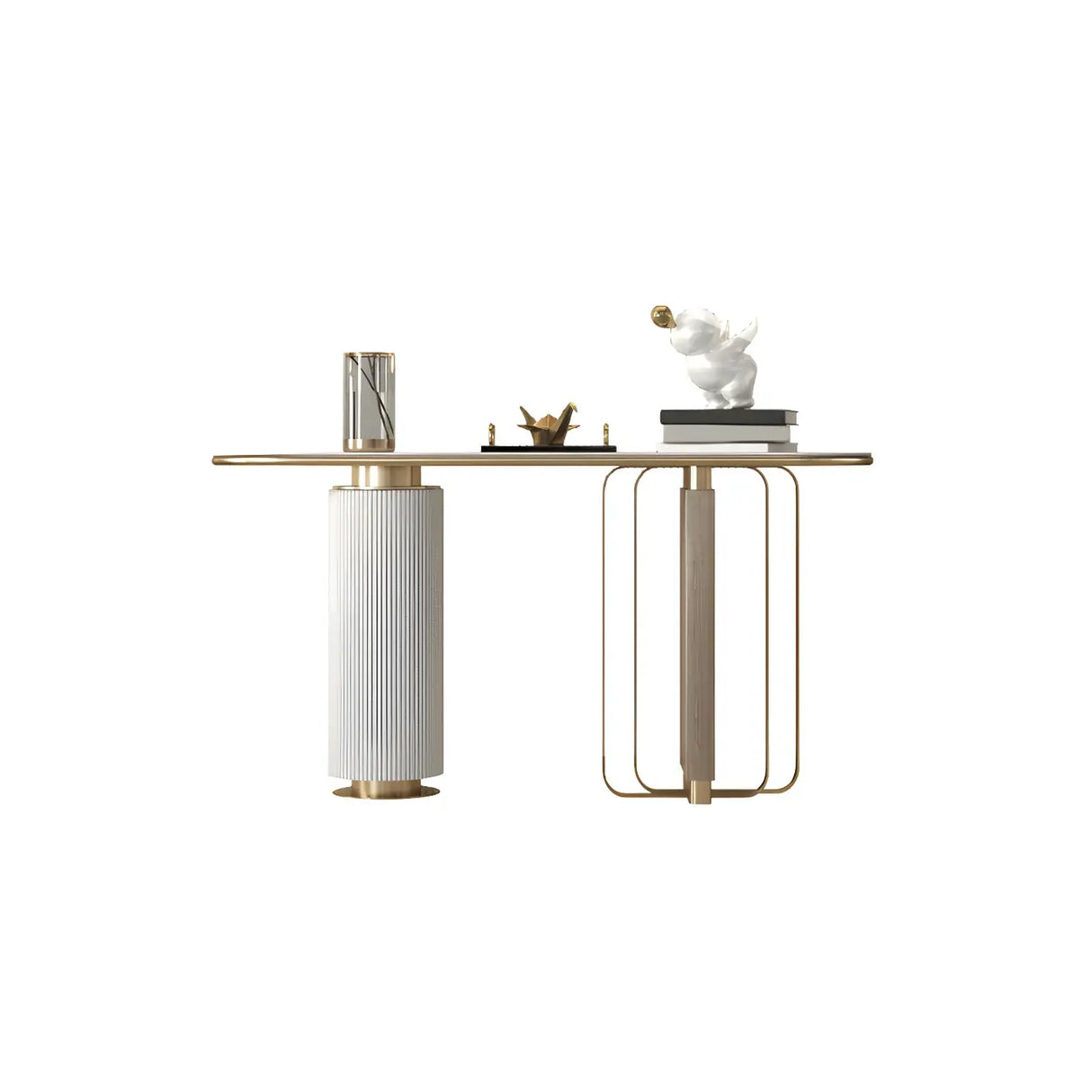 Oval Stone Gold Double Pedestal Tall Console Table Image - 7