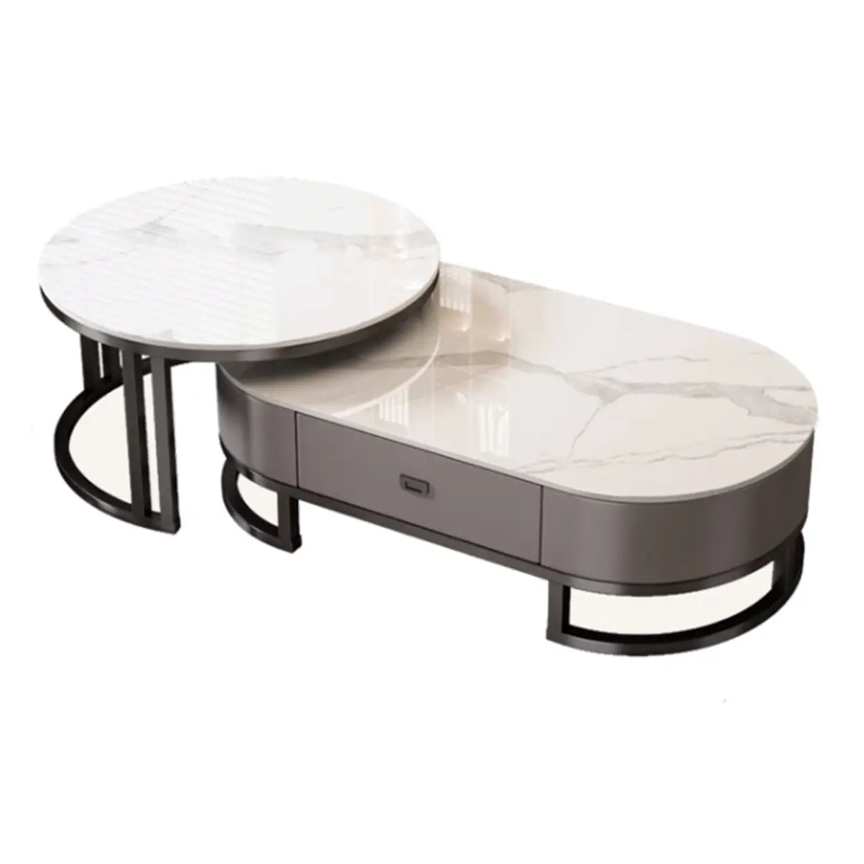 Oval Stone Top Steel Base Storage Nesting Coffee Tables Image - 10