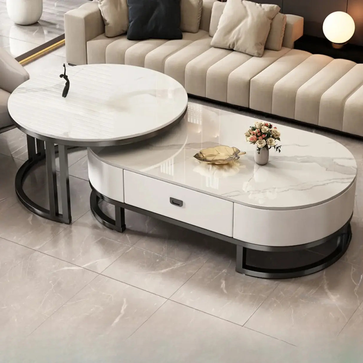 Oval Stone Top Steel Base Storage Nesting Coffee Tables Image - 11