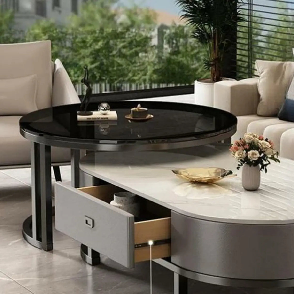 Oval Stone Top Steel Base Storage Nesting Coffee Tables Image - 12