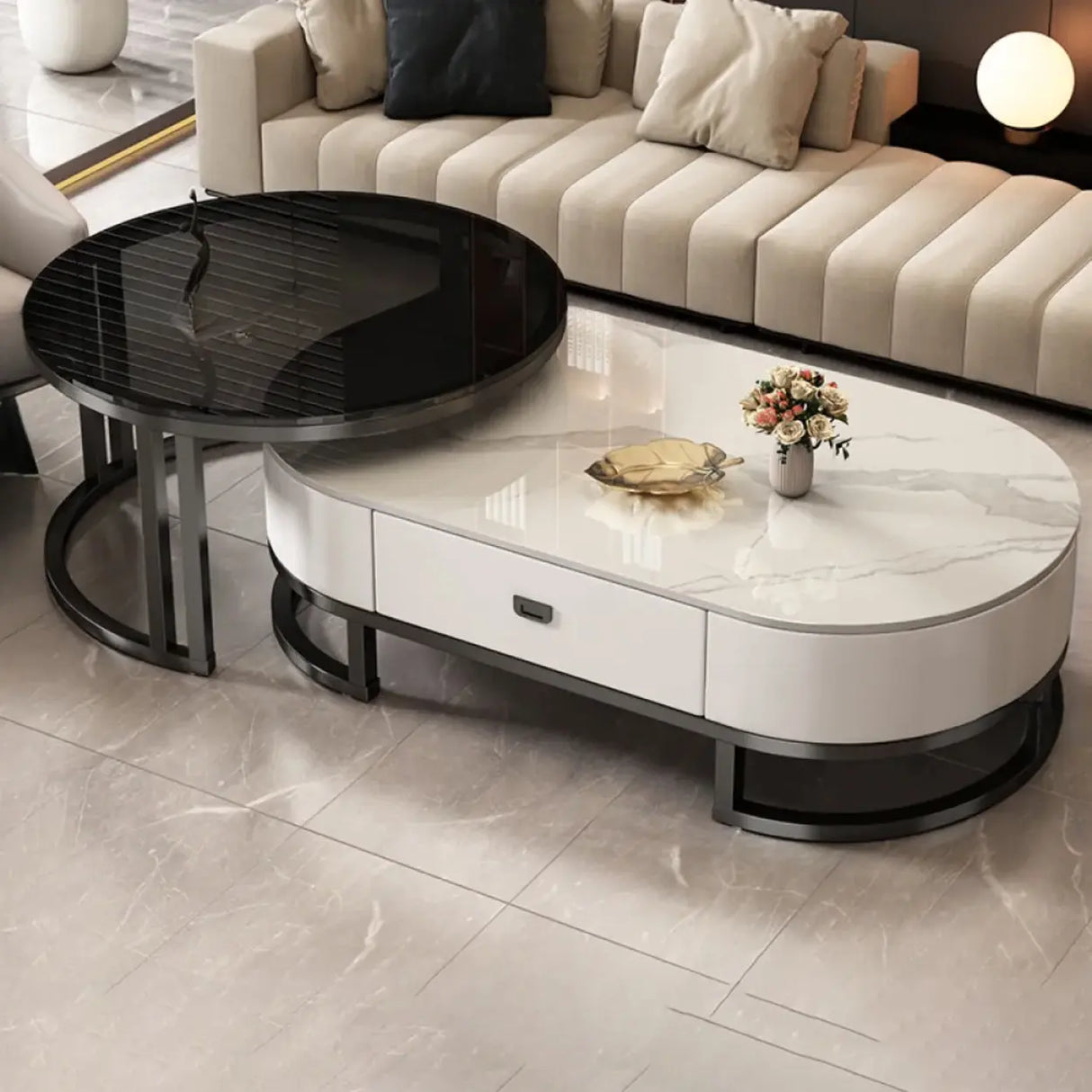 Oval Stone Top Steel Base Storage Nesting Coffee Tables Image - 13