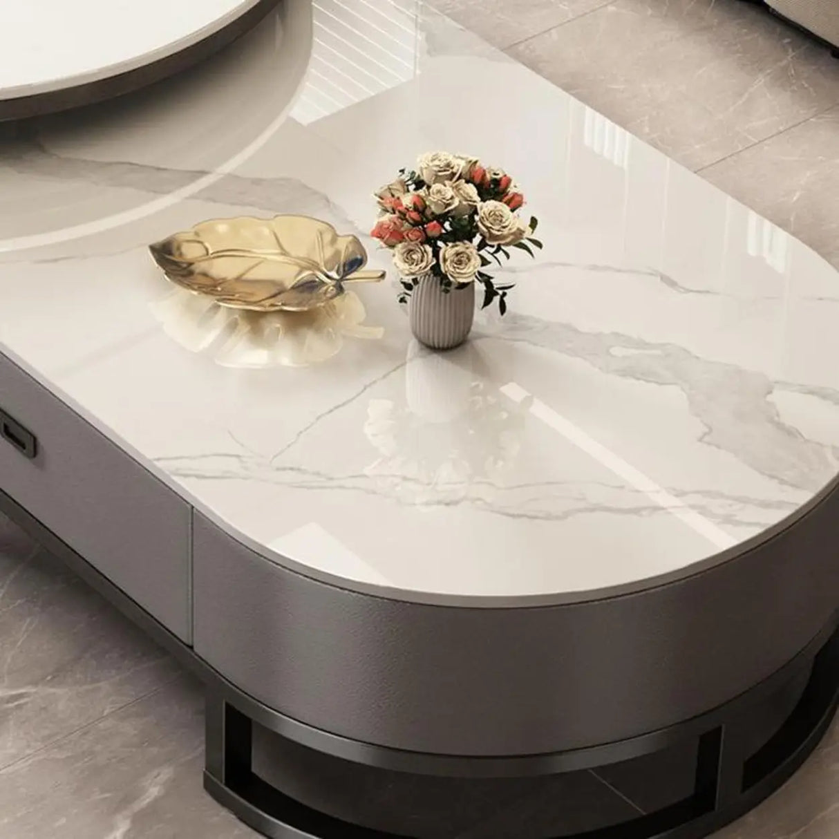 Oval Stone Top Steel Base Storage Nesting Coffee Tables Image - 14