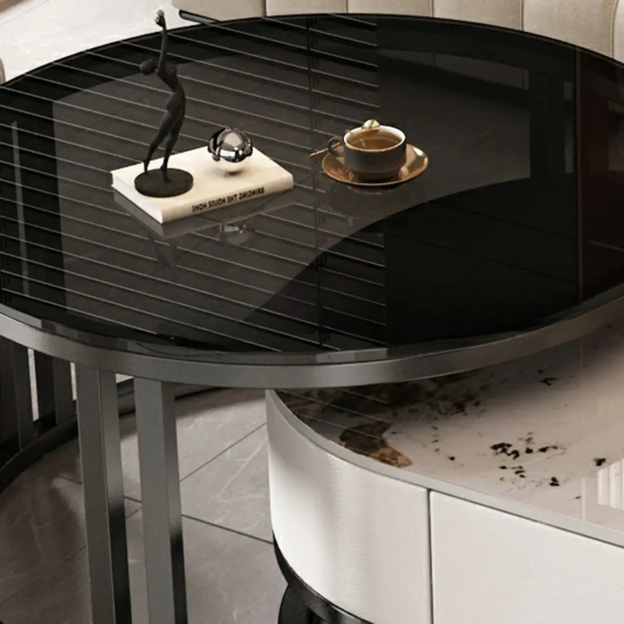 Oval Stone Top Steel Base Storage Nesting Coffee Tables Image - 15