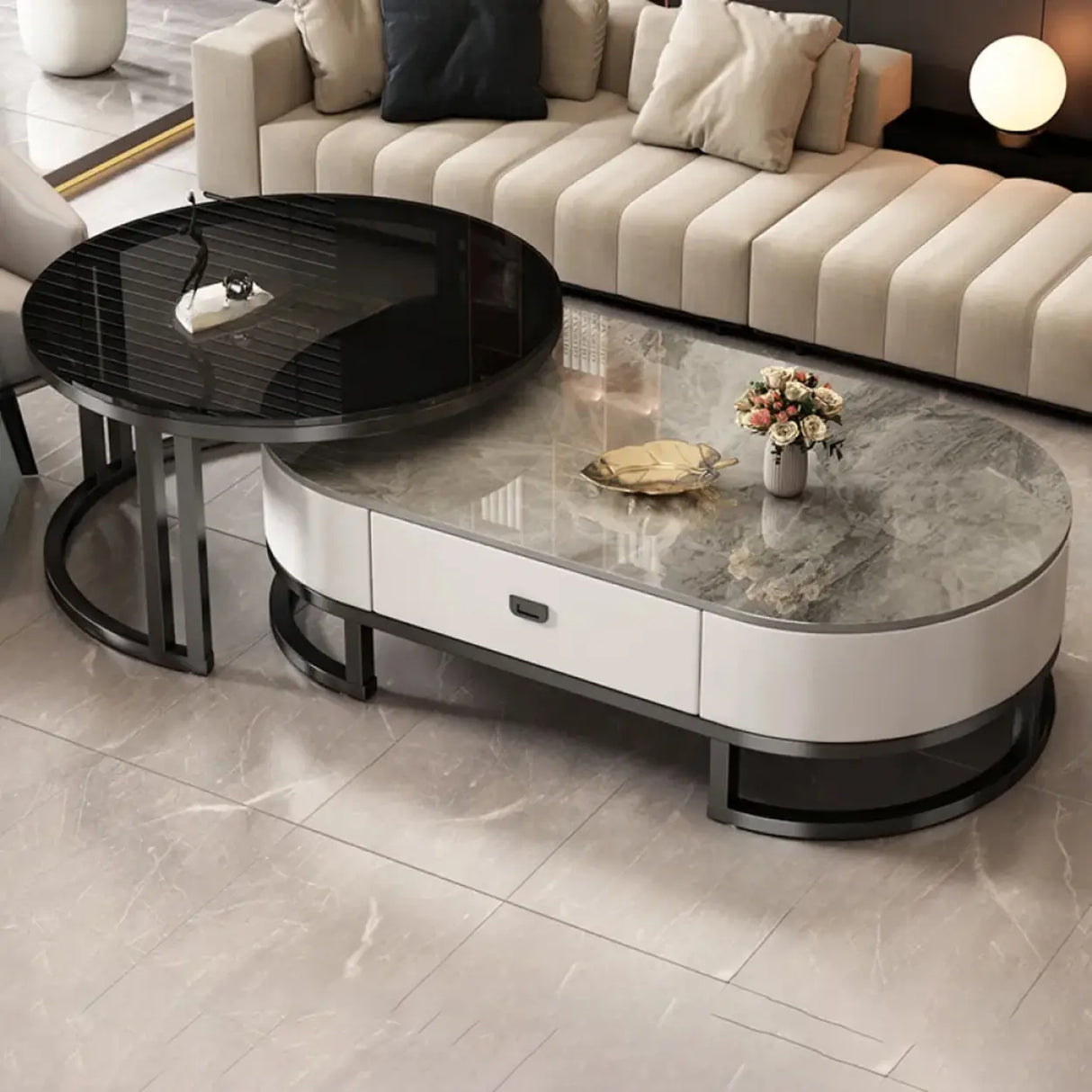 Oval Stone Top Steel Base Storage Nesting Coffee Tables Image - 16
