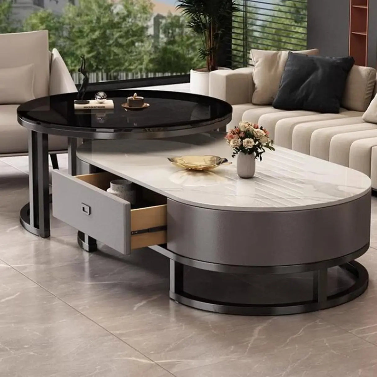 Oval Stone Top Steel Base Storage Nesting Coffee Tables Image - 1