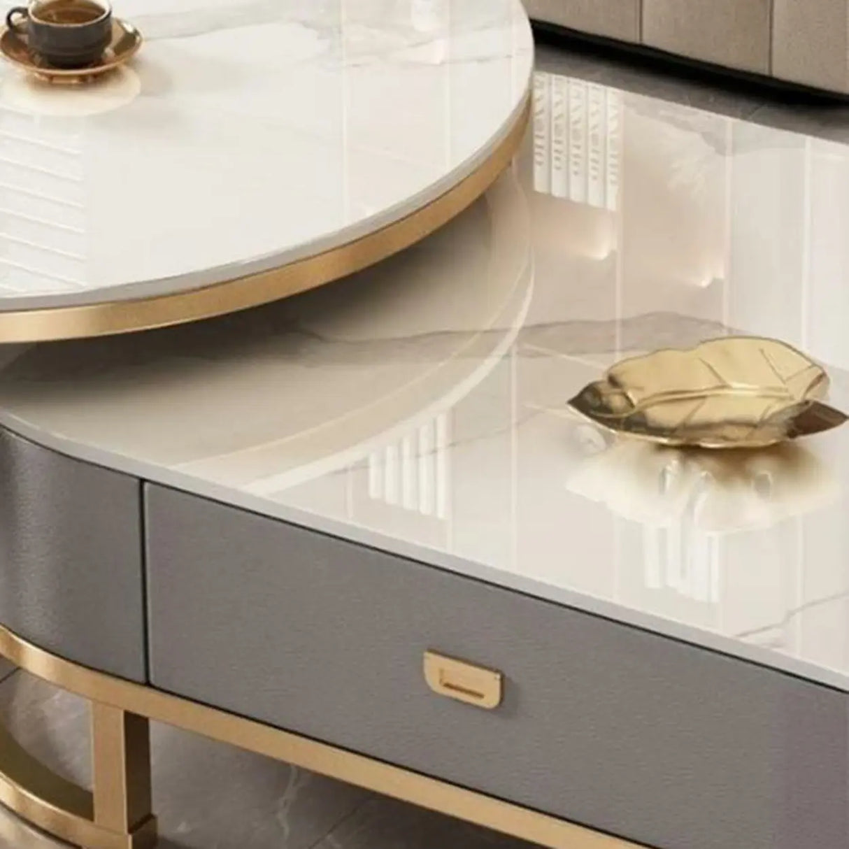 Oval Stone Top Steel Base Storage Nesting Coffee Tables Image - 21