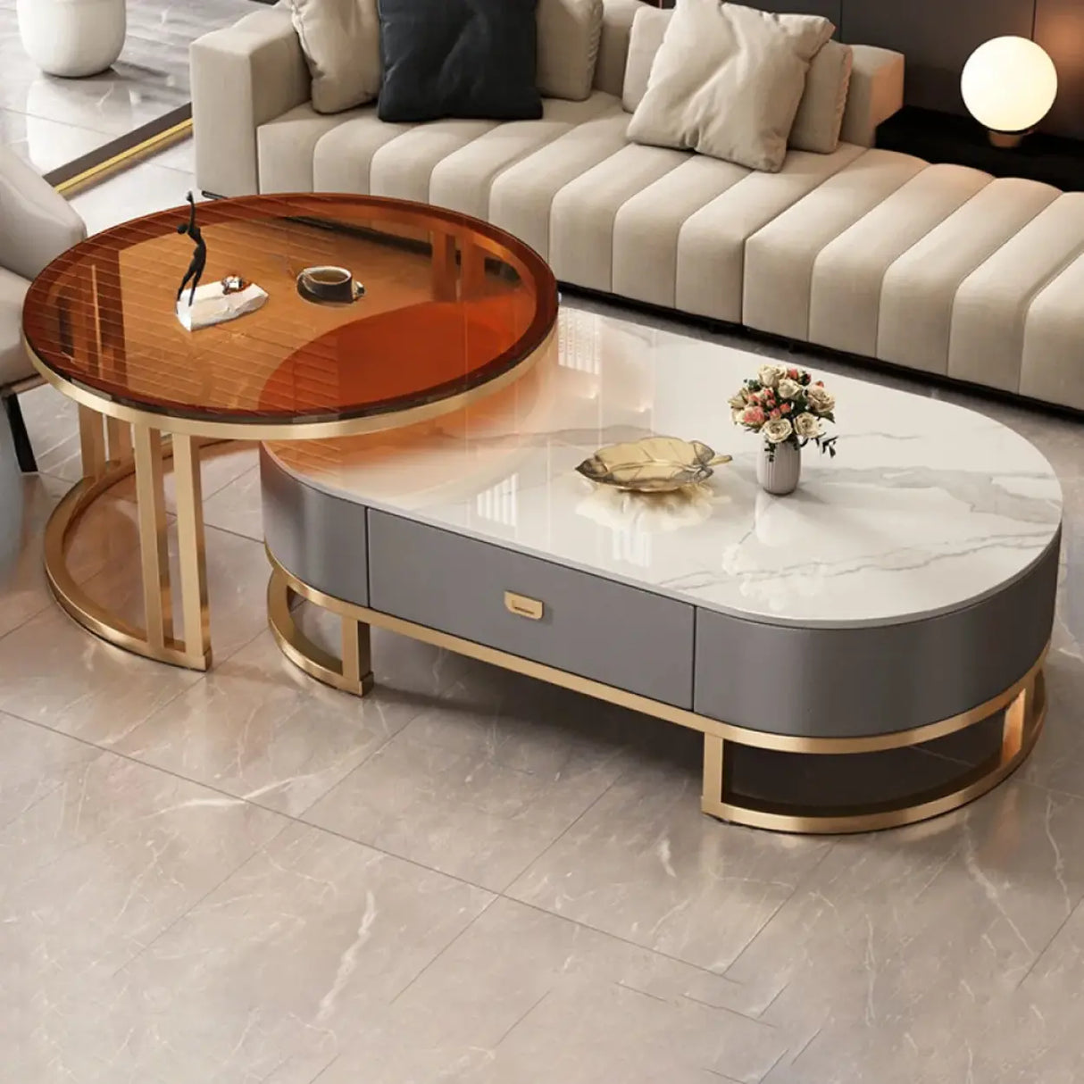 Oval Stone Top Steel Base Storage Nesting Coffee Tables Image - 22