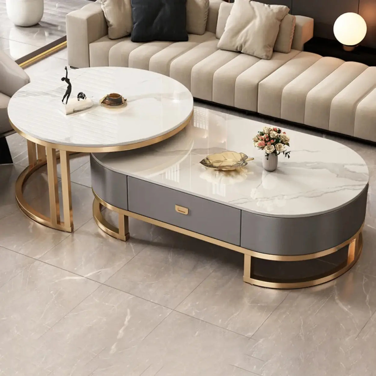 Oval Stone Top Steel Base Storage Nesting Coffee Tables Image - 23