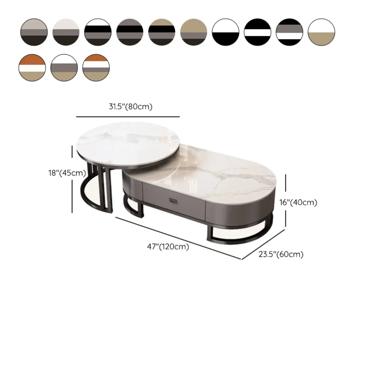 Oval Stone Top Steel Base Storage Nesting Coffee Tables Image - 25