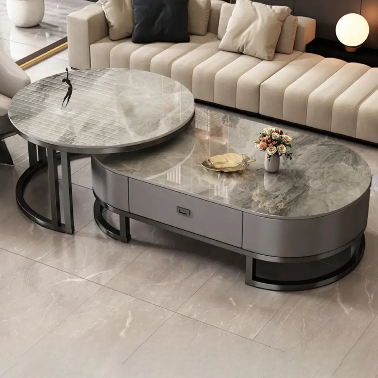 Oval Stone Top Steel Base Storage Nesting Coffee Tables Image - 2