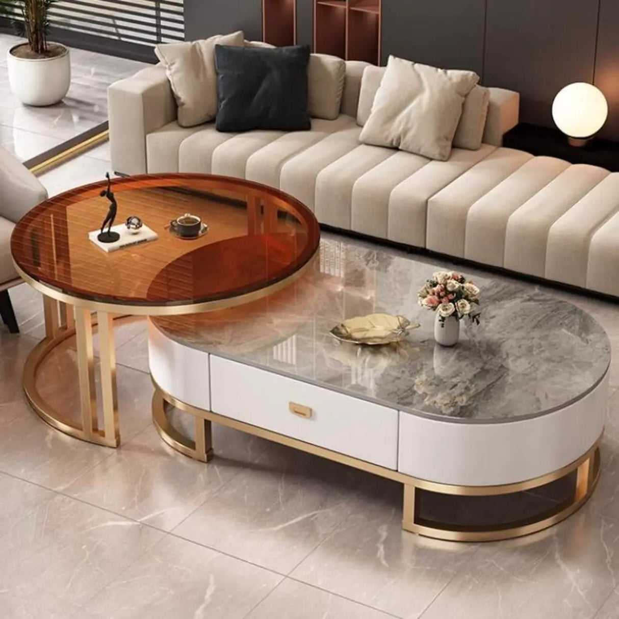 Oval Stone Top Steel Base Storage Nesting Coffee Tables Image - 3