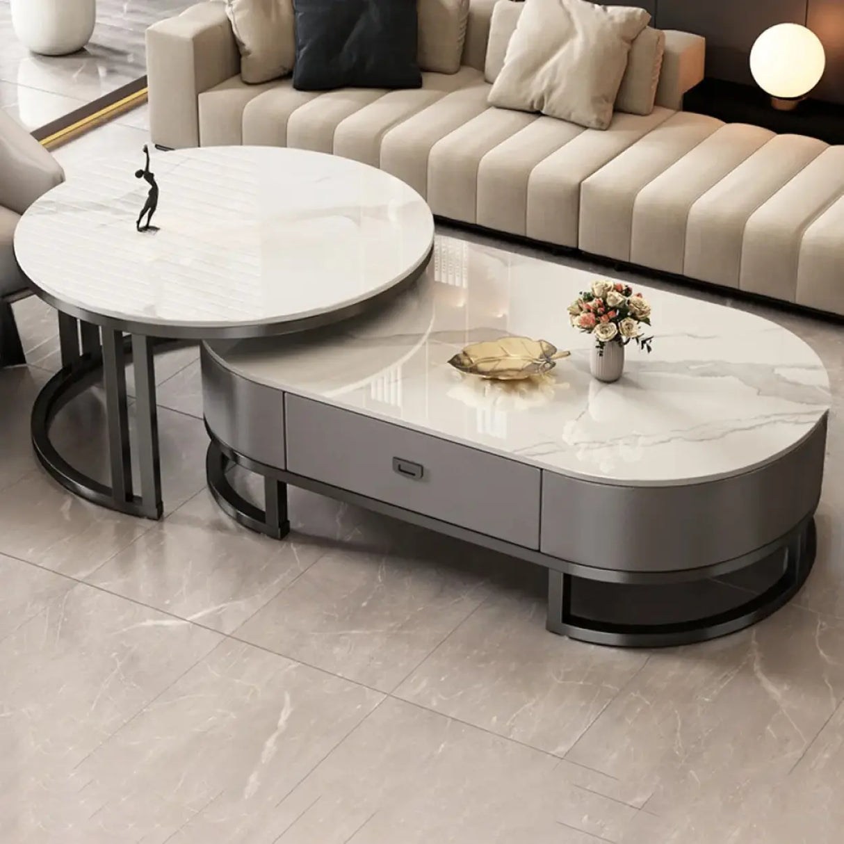 Oval Stone Top Steel Base Storage Nesting Coffee Tables Image - 4