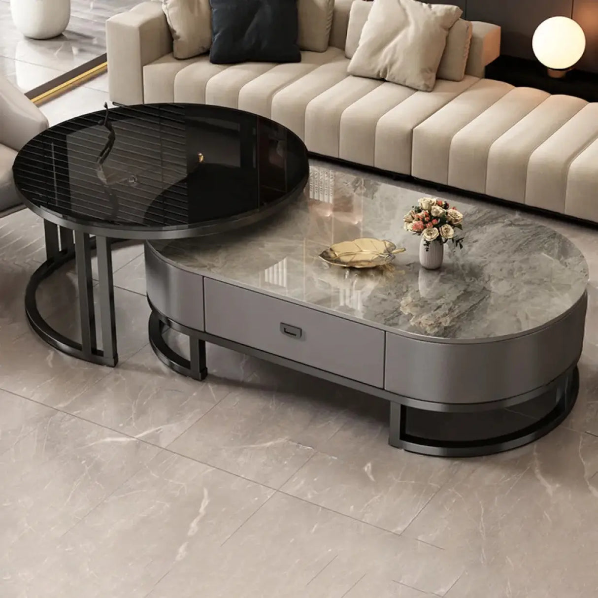 Oval Stone Top Steel Base Storage Nesting Coffee Tables Image - 5