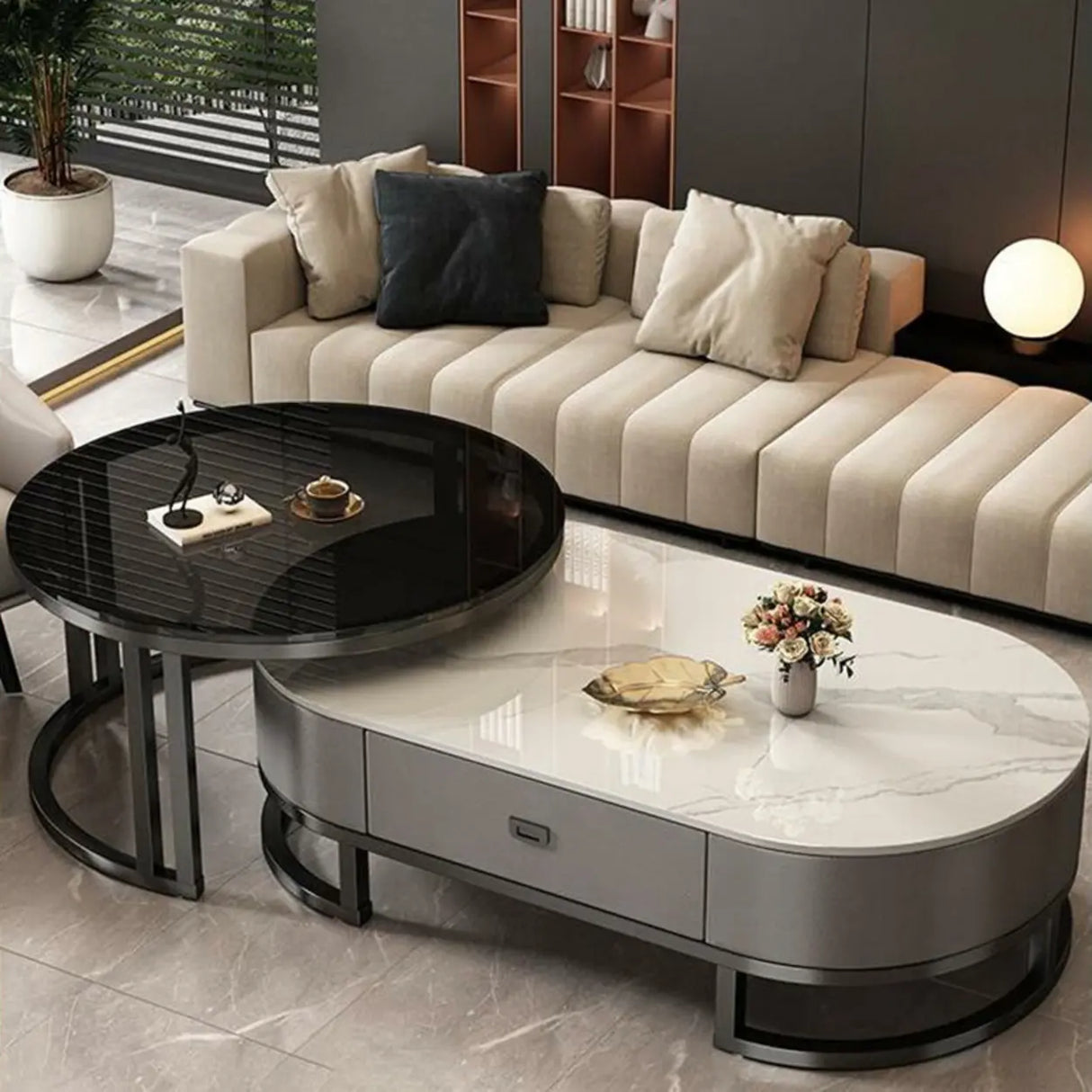 Oval Stone Top Steel Base Storage Nesting Coffee Tables Image - 6