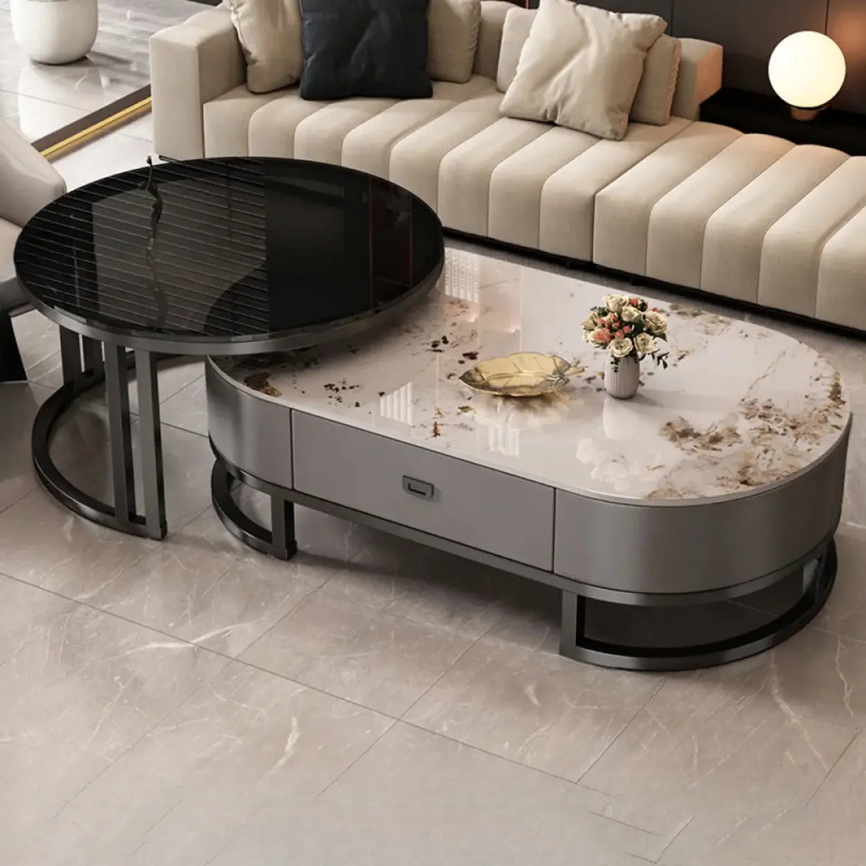 Oval Stone Top Steel Base Storage Nesting Coffee Tables Image - 7