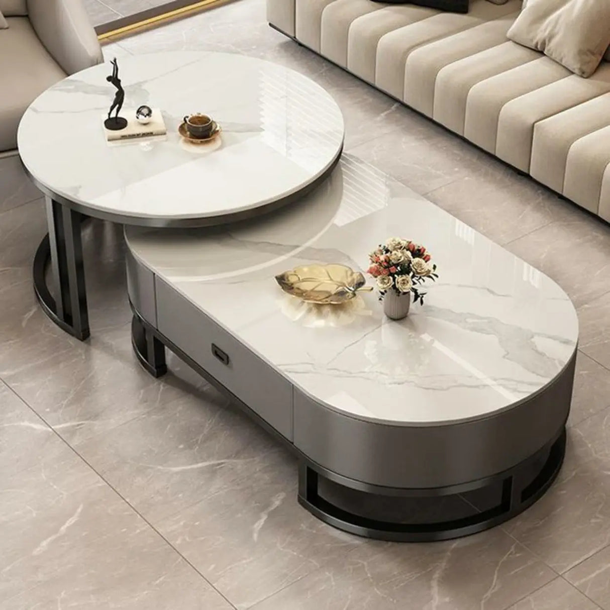 Oval Stone Top Steel Base Storage Nesting Coffee Tables Image - 8