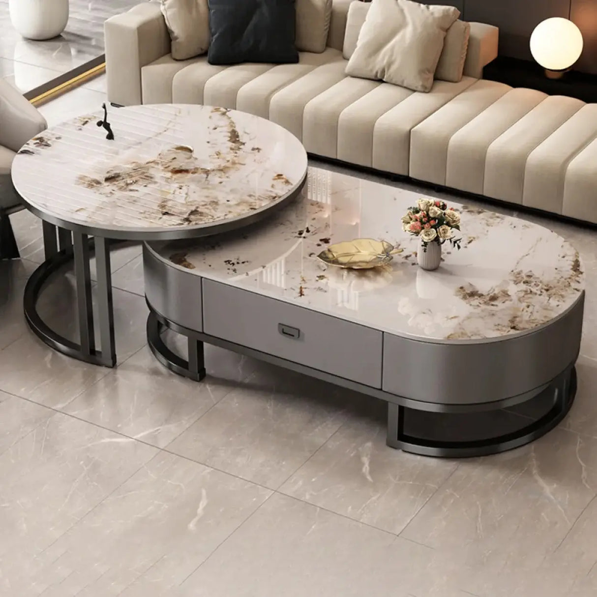Oval Stone Top Steel Base Storage Nesting Coffee Tables Image - 9