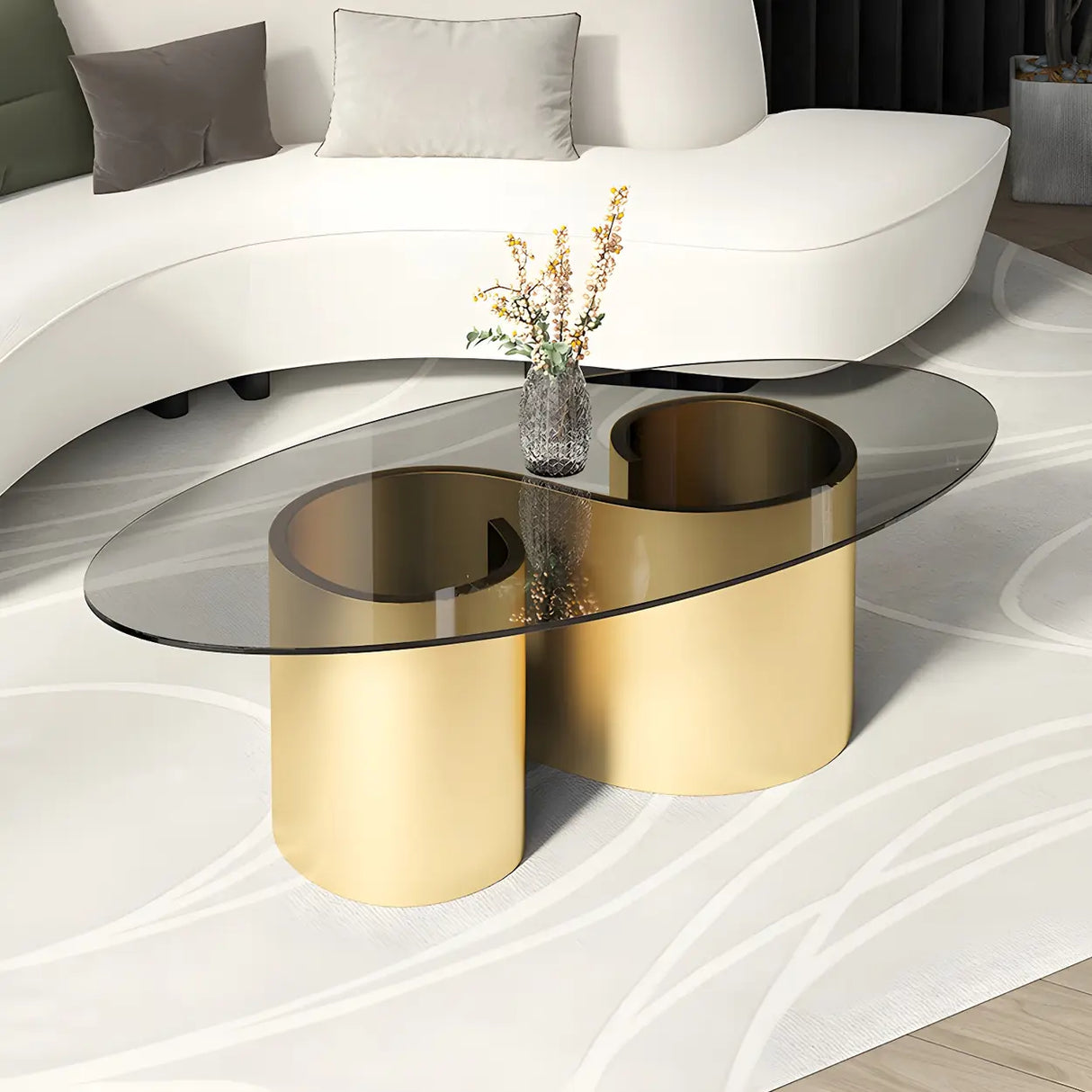 Oval Top Abstract Metal Base Low Height Coffee Table Image - 12